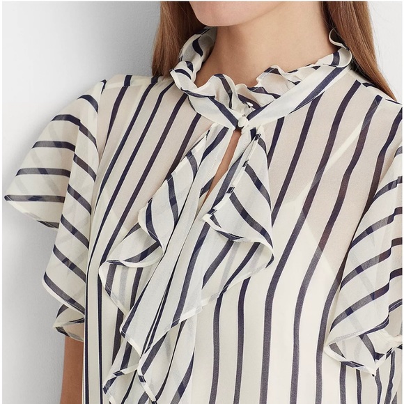 LAUREN RALPH LAUREN STRIPED RUFFLE TRIM CHIFFON BLOUSE SIZE (XSP). - Picture 5 of 14